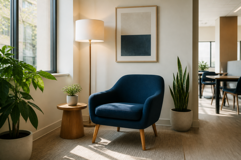 Blue reading chair beside a floor lamp and green plants in a bright workspace