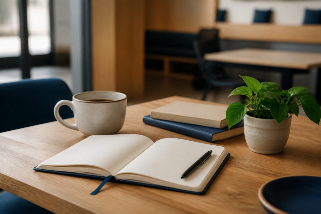 Open notebook, coffee cup, and small plant on a warm wood table