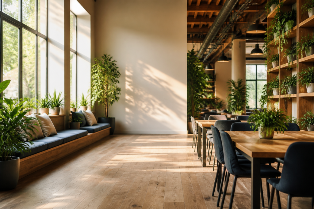 Sunlit modern workspace with wood tables, green plants, and large windows